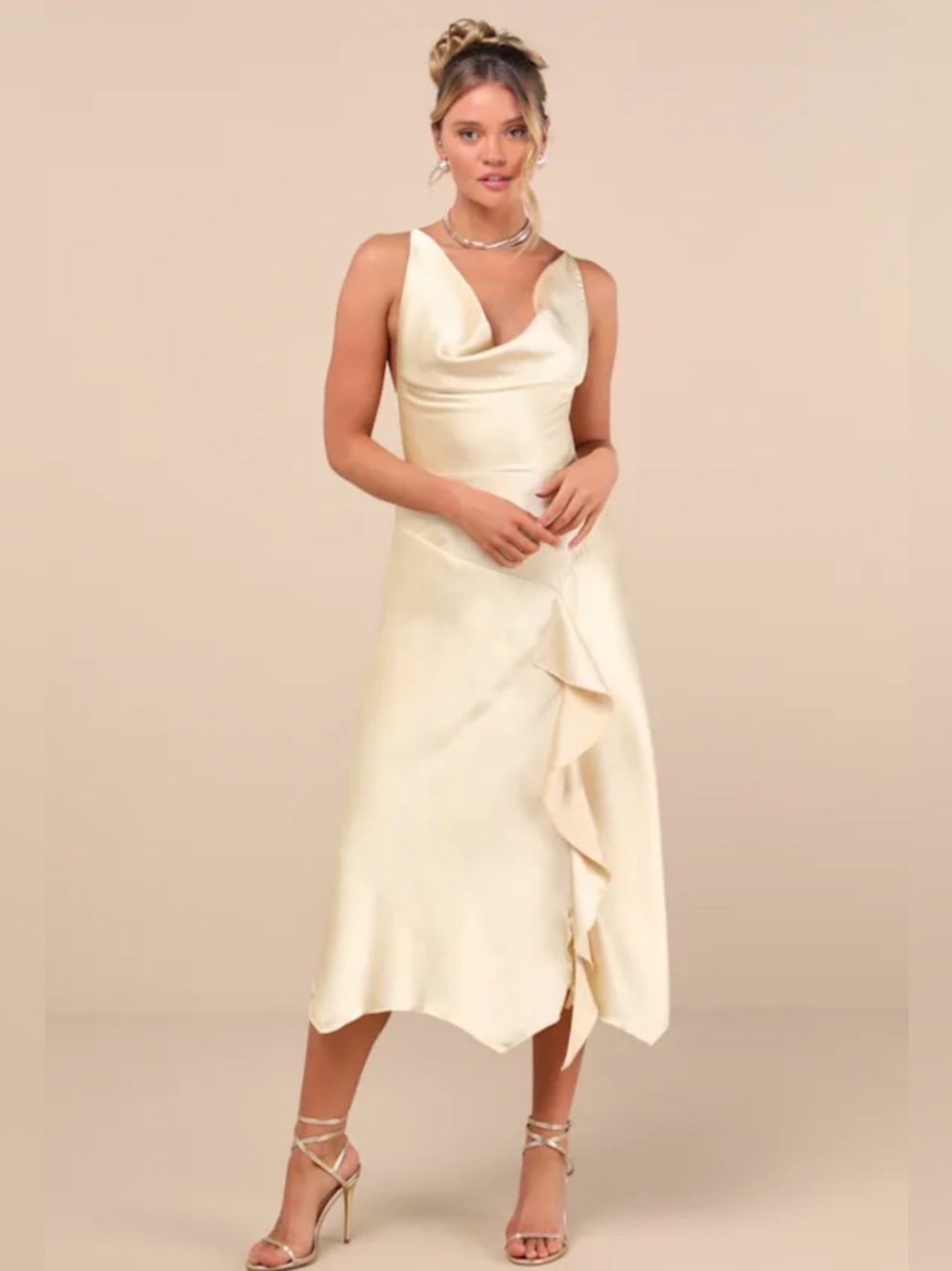 NWT lulus Pale Yellow Satin Cowl Neck Ruffle Midi Dress XS